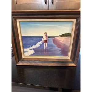 One of A Kind Oil Painting Man Strolling Beach with Cigar Signed And Framed